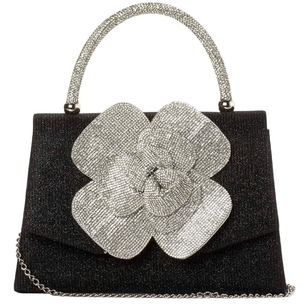 D'Margeaux Flower Shimmer Clutch Black Silver Chain Strap NEW GLAM SPARKLE MOBWI